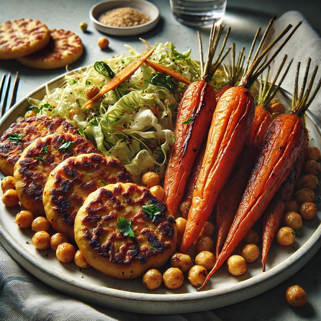 roasted-carrots-with-a-caramelized-slightly-charred-glaze-served-alongside-chickpea-fritters-with-a-crispy-golden-