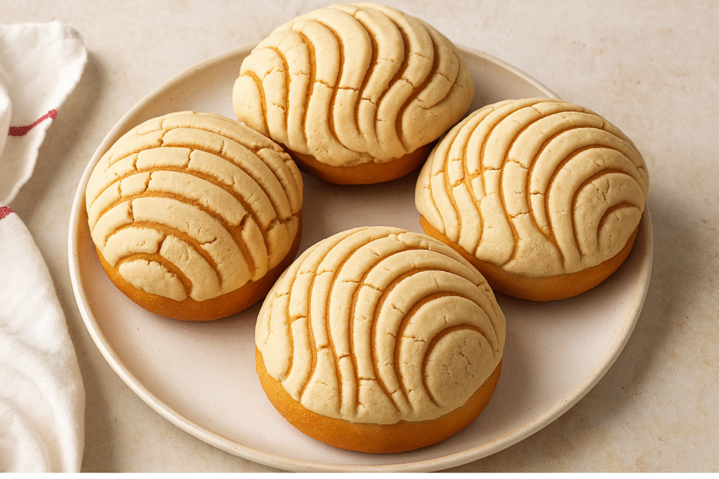 Plate of freshly baked Pan Dulce with various flavors including pink, yellow, and brown