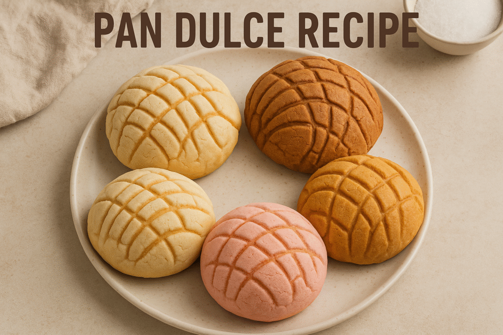 Plate of freshly baked Pan Dulce with various flavors including pink, yellow, and brown, showcasing their signature sugar topping patterns.
