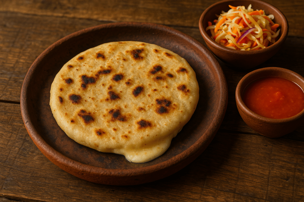 "Close-up of a homemade pupusa filled with cheese and beans, topped with red sauce and cabbage slaw, showcasing a traditional Salvadoran dish."