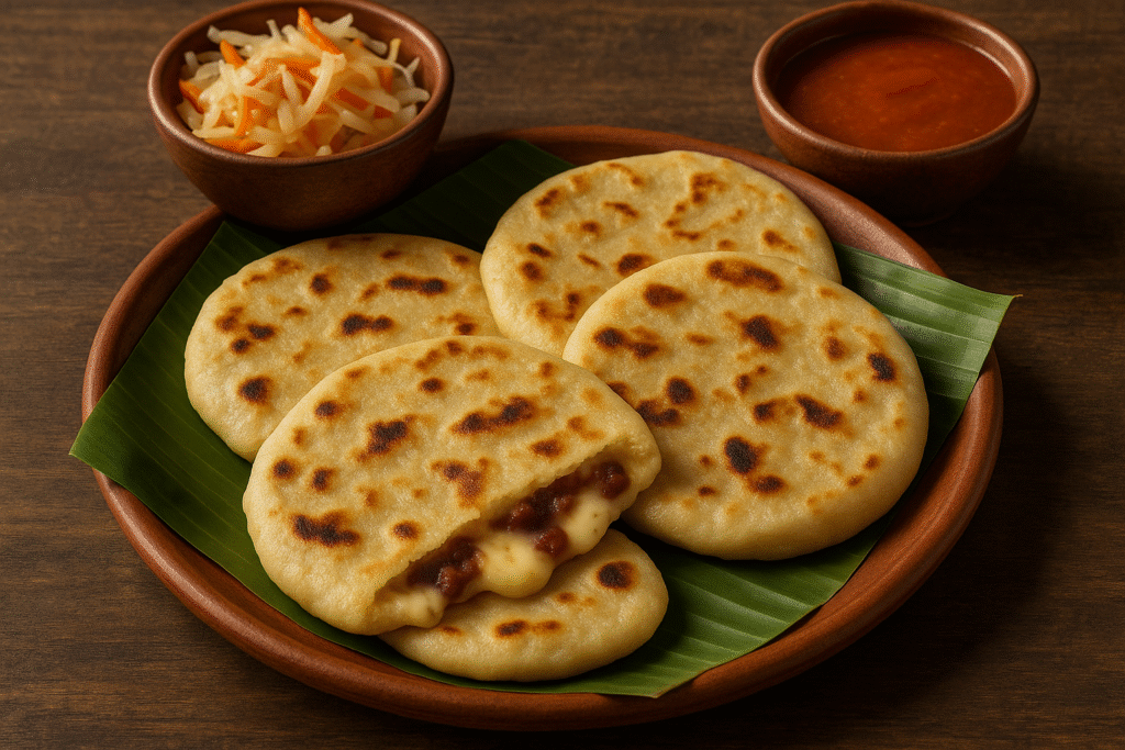 A vibrant and appetizing plate of pupusas filled with cheese and beans, accompanied, representing the rich flavors of Latin American cuisine