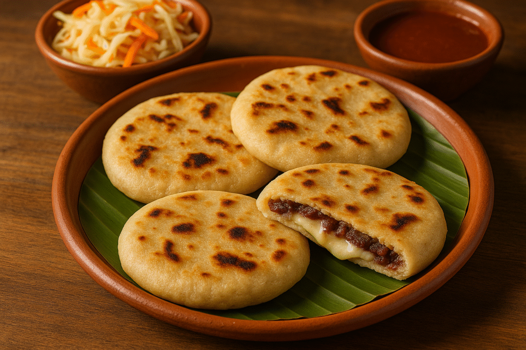 A vibrant and appetizing plate of pupusas filled with cheese and beans, accompanied by a side of tangy red sauce and crunchy cabbage slaw, representing the rich flavors of Latin American cuisine