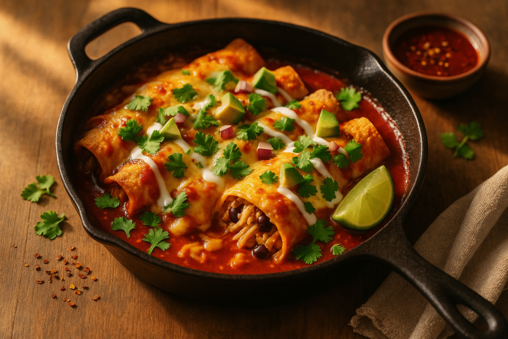"Freshly baked chicken enchiladas smothered in red sauce and melted cheese, garnished with avocado and cilantro in skillet"