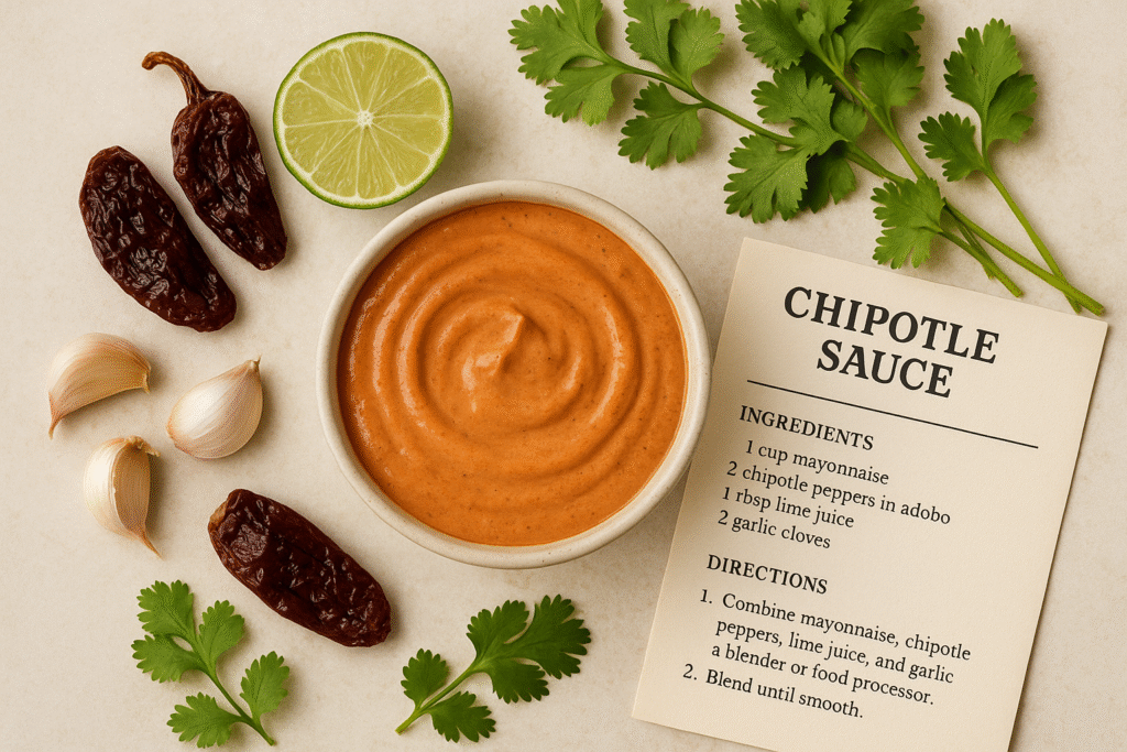 "Homemade chipotle sauce in a bowl with fresh ingredients like chipotle peppers, garlic, and lime, with a recipe card for making chipotle sauce."