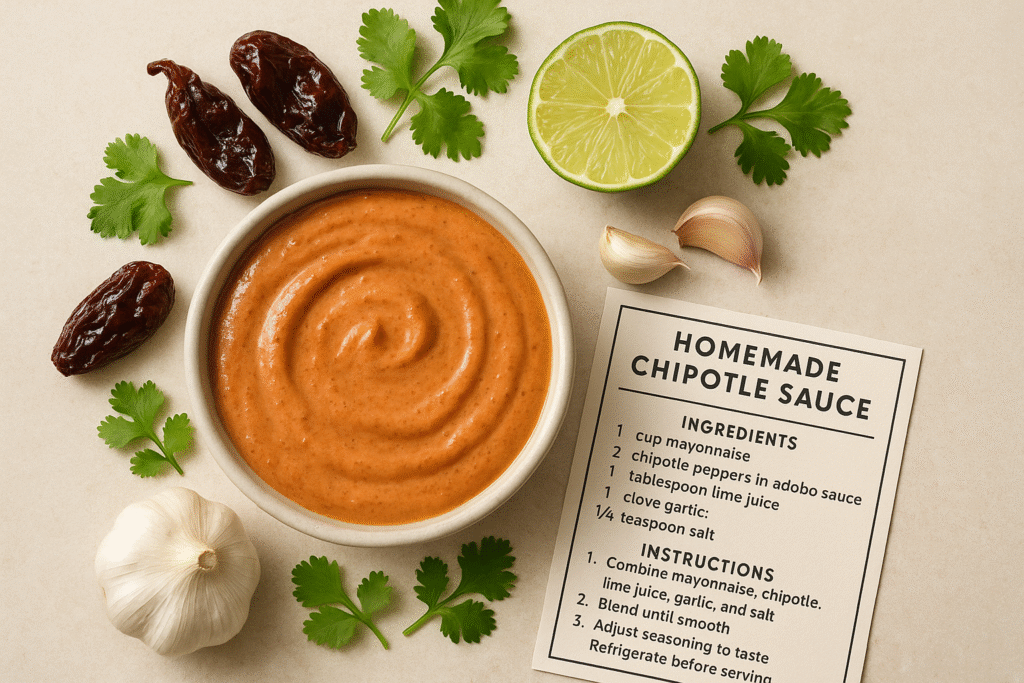 "Homemade chipotle sauce in a bowl with fresh ingredients like chipotle peppers, garlic, and lime, with a recipe card for making chipotle sauce."