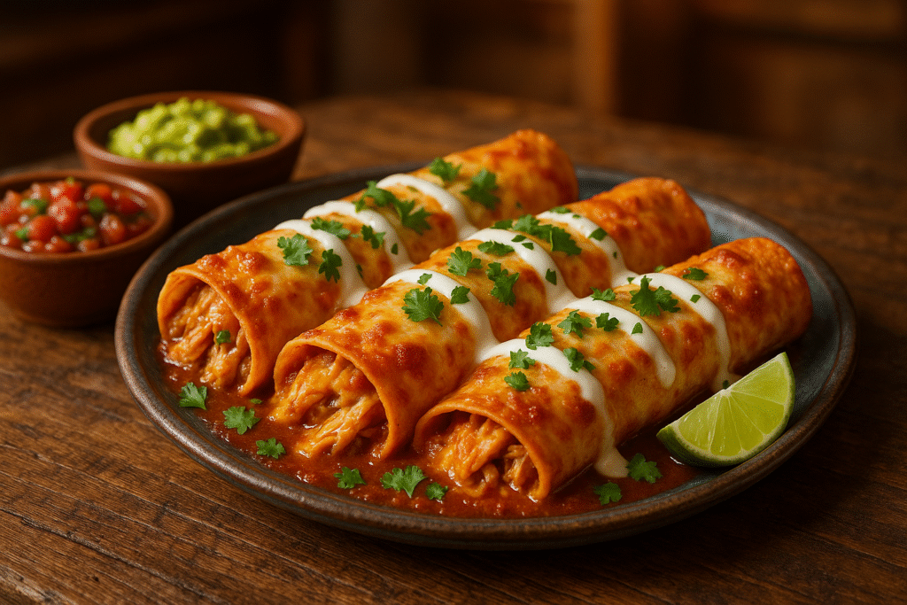 "Delicious homemade chicken enchiladas topped with cheese and fresh cilantro, served on a plate."