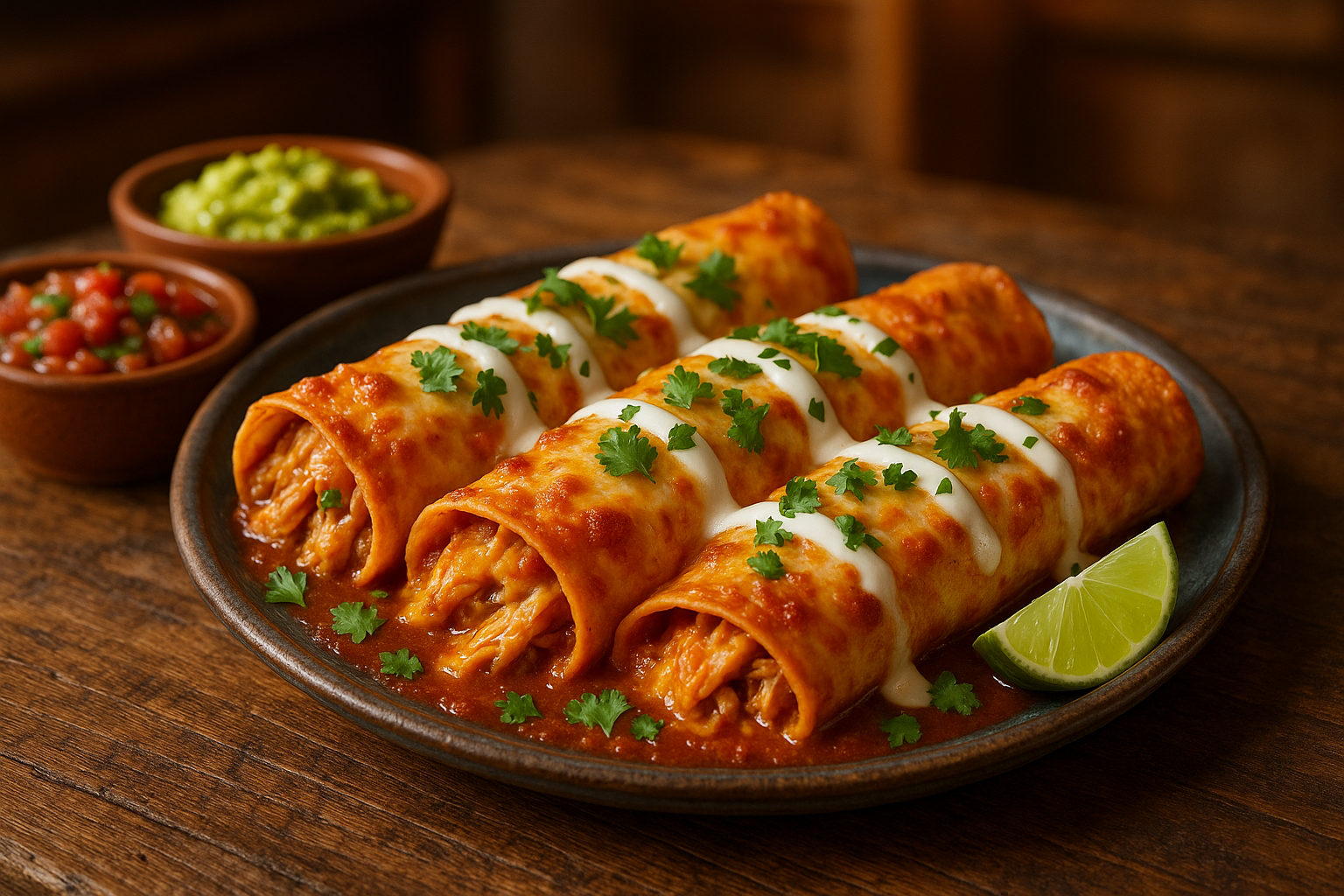 "Delicious homemade chicken enchiladas topped with cheese and fresh cilantro, served on a plate."