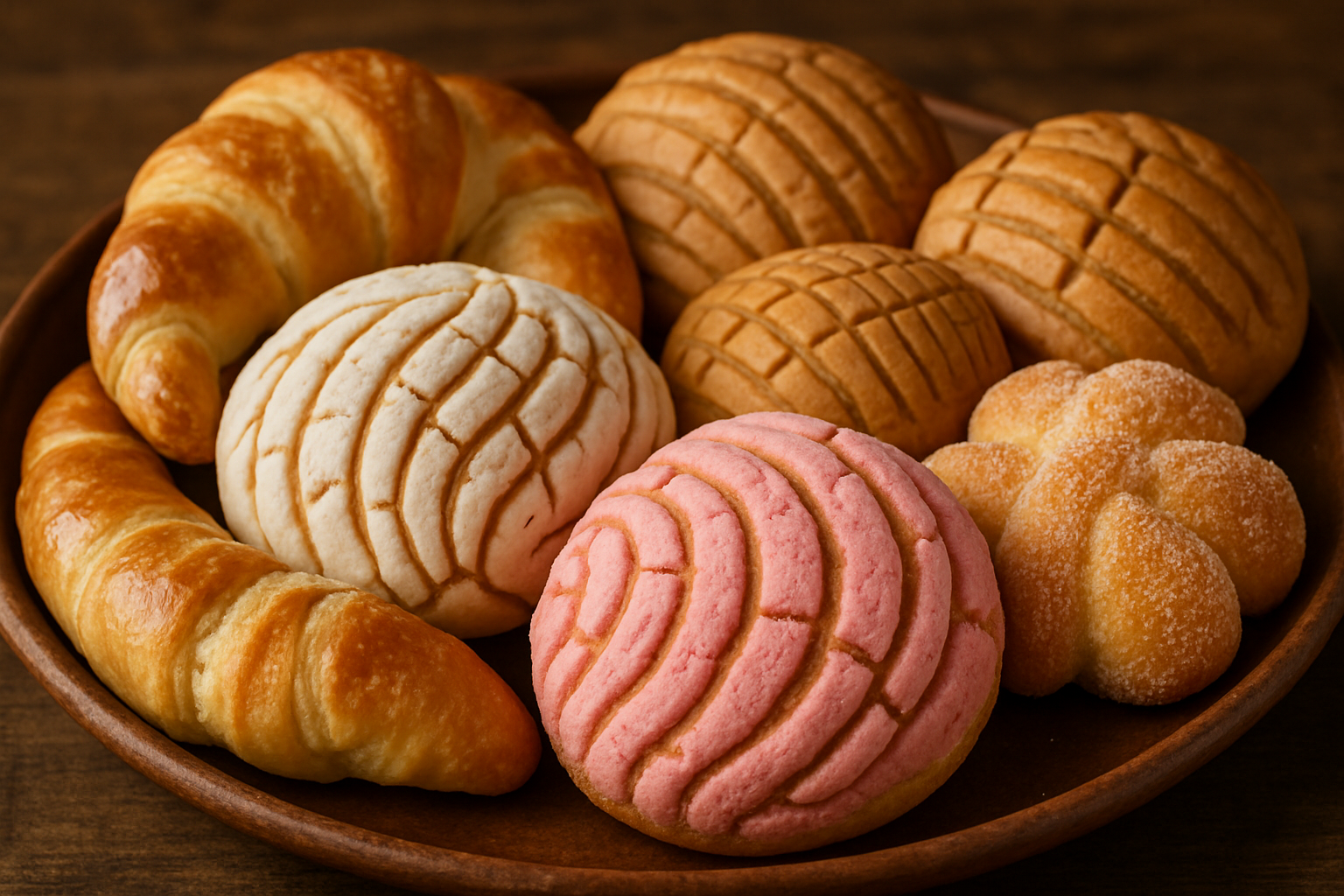 Assortment of traditional Mexican pan dulce, including conchas, orejas, and cuernos, on a bakery tray.