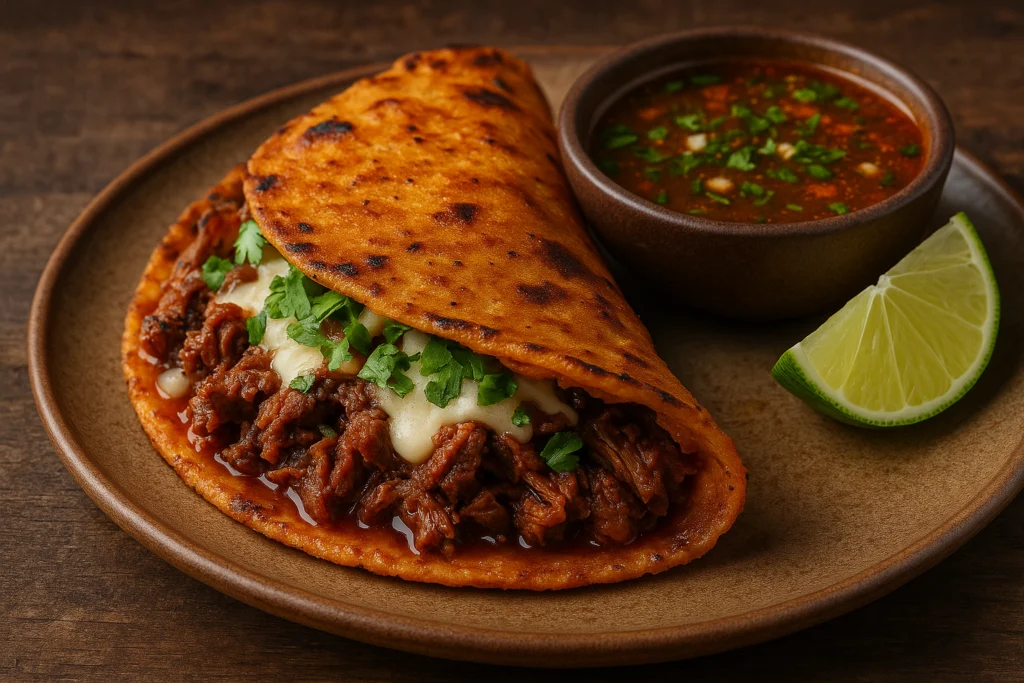 "Quesabirria taco with tender birria meat, melted cheese, and crispy tortilla, served with consommé for dipping."