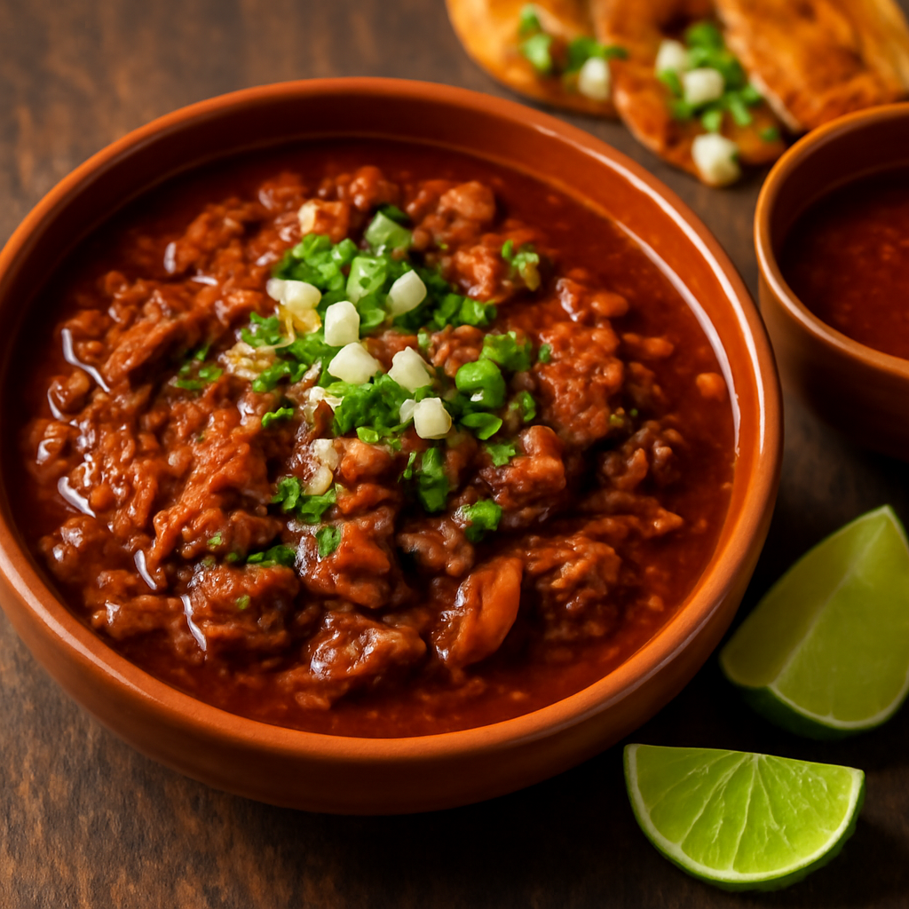 A delicious plate of birria meat tacos with flavorful beef, served with consomé for dipping, garnished with cilantro, onions, and lime.