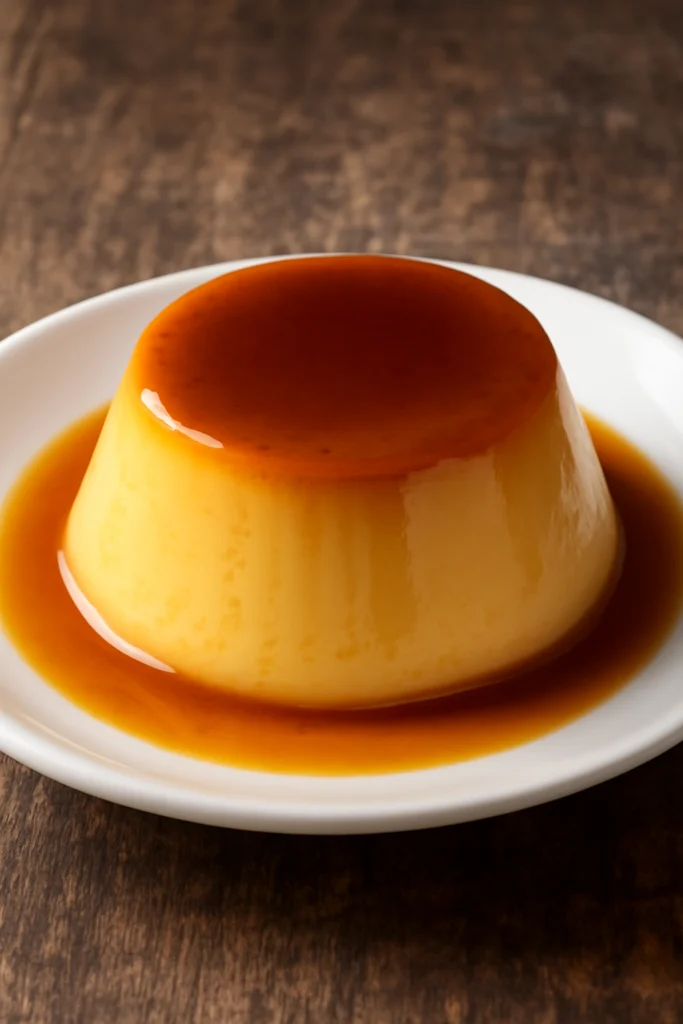 A perfectly baked flan with a glossy caramel topping, served on a white plate, showcasing its smooth and creamy custard texture.