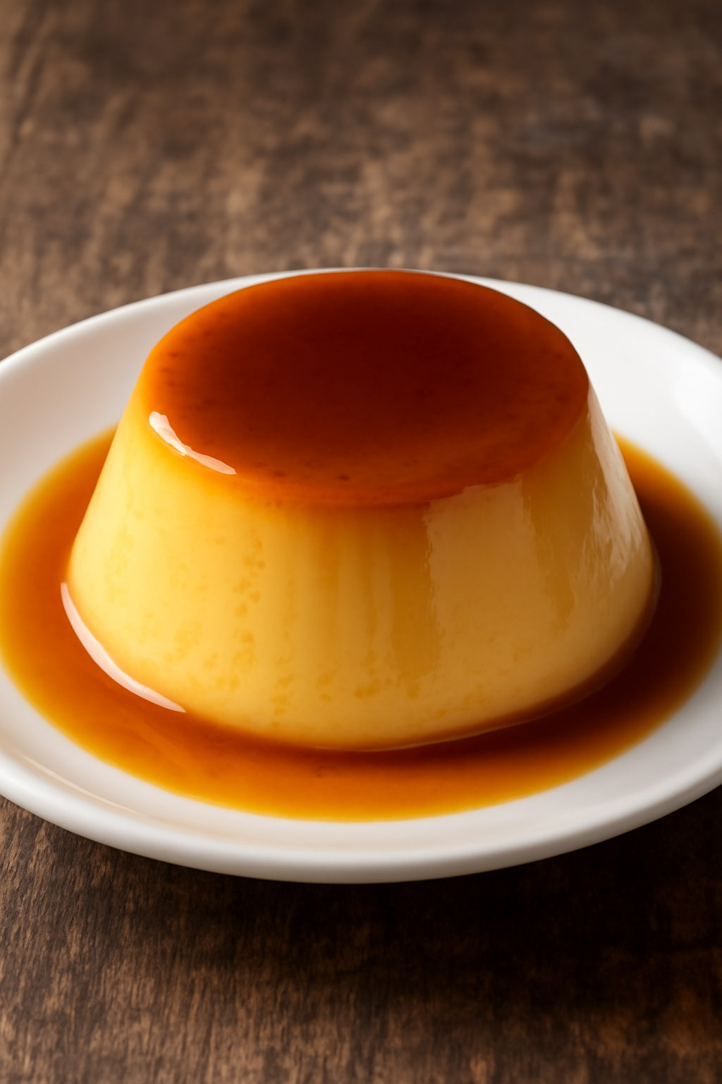 A perfectly baked flan with a glossy caramel topping, served on a white plate, showcasing its smooth and creamy custard texture.