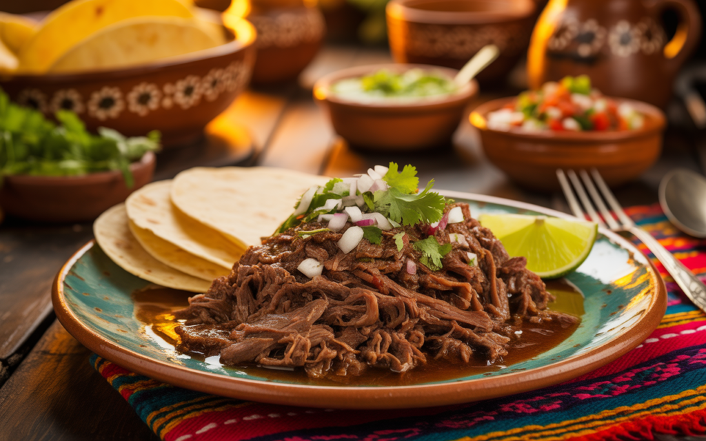 Authentic Mexican shredded beef served with soft tortillas, garnished with fresh cilantro, red onions, and a lime wedge, presented on a rustic plate.