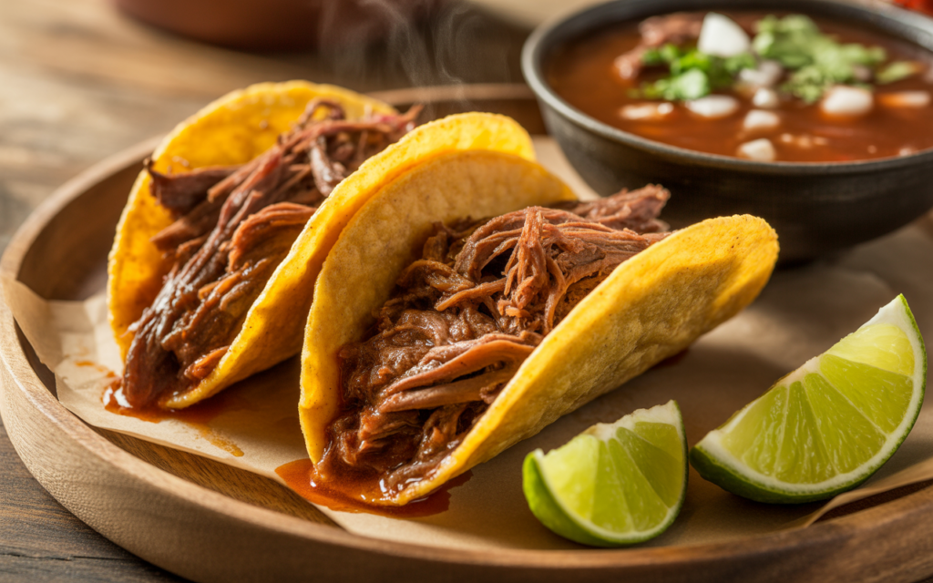 Close-up of authentic birria tacos with tender shredded beef, melted cheese, crispy golden tortillas, and a small bowl of rich red consomé broth on the side, garnished with cilantro, lime wedges, and chopped onions.